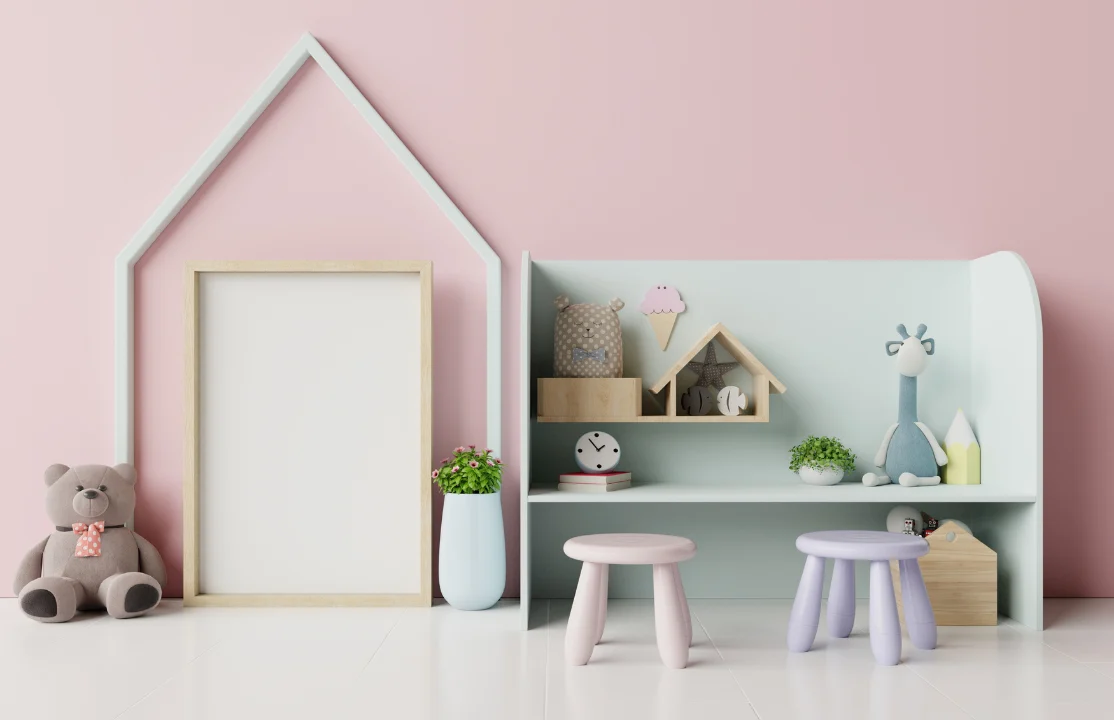 Childs Room with pink walls and teddy bear