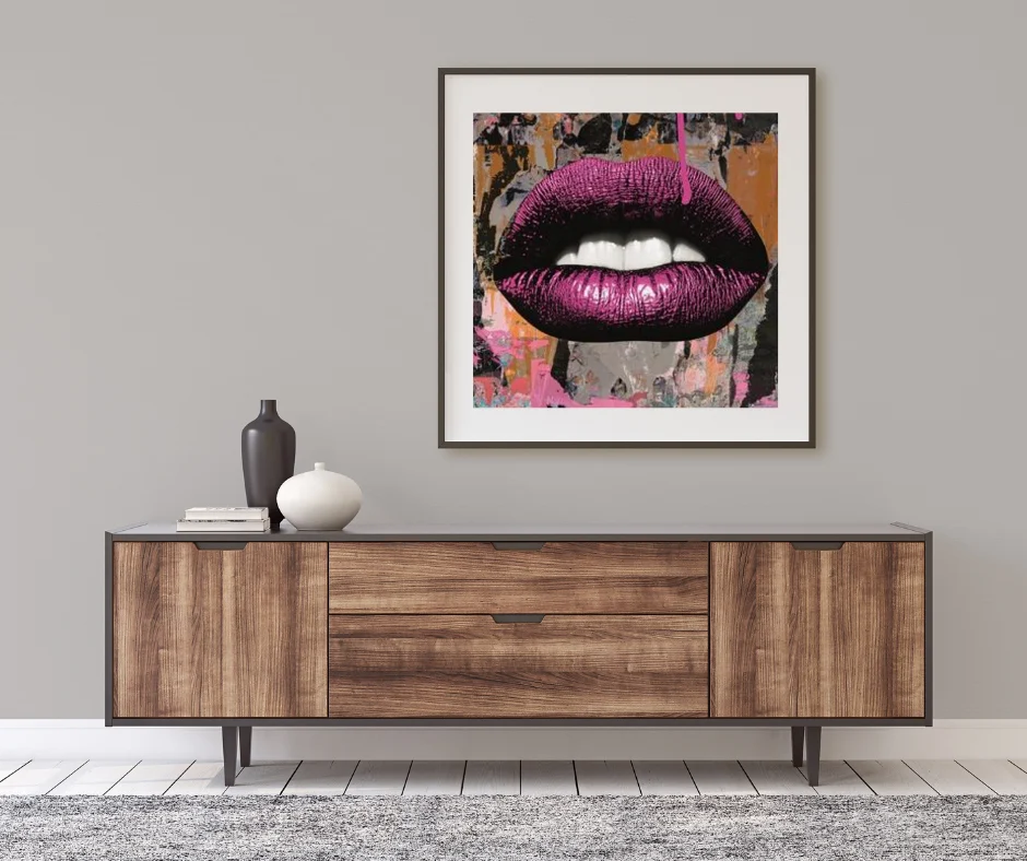 Entryway statement piece modern art above sideboard